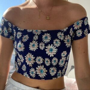 Blue Floral Off Shoulder Smocked Crop Top
